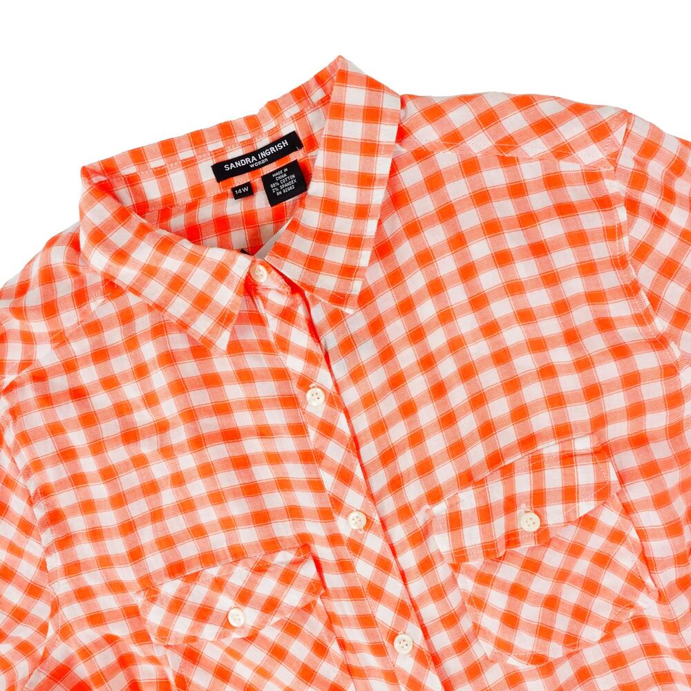 Sandra Ingrish Plaid Orange Button Up Long Sleeve Shirt Pocket Women's 14W NWT